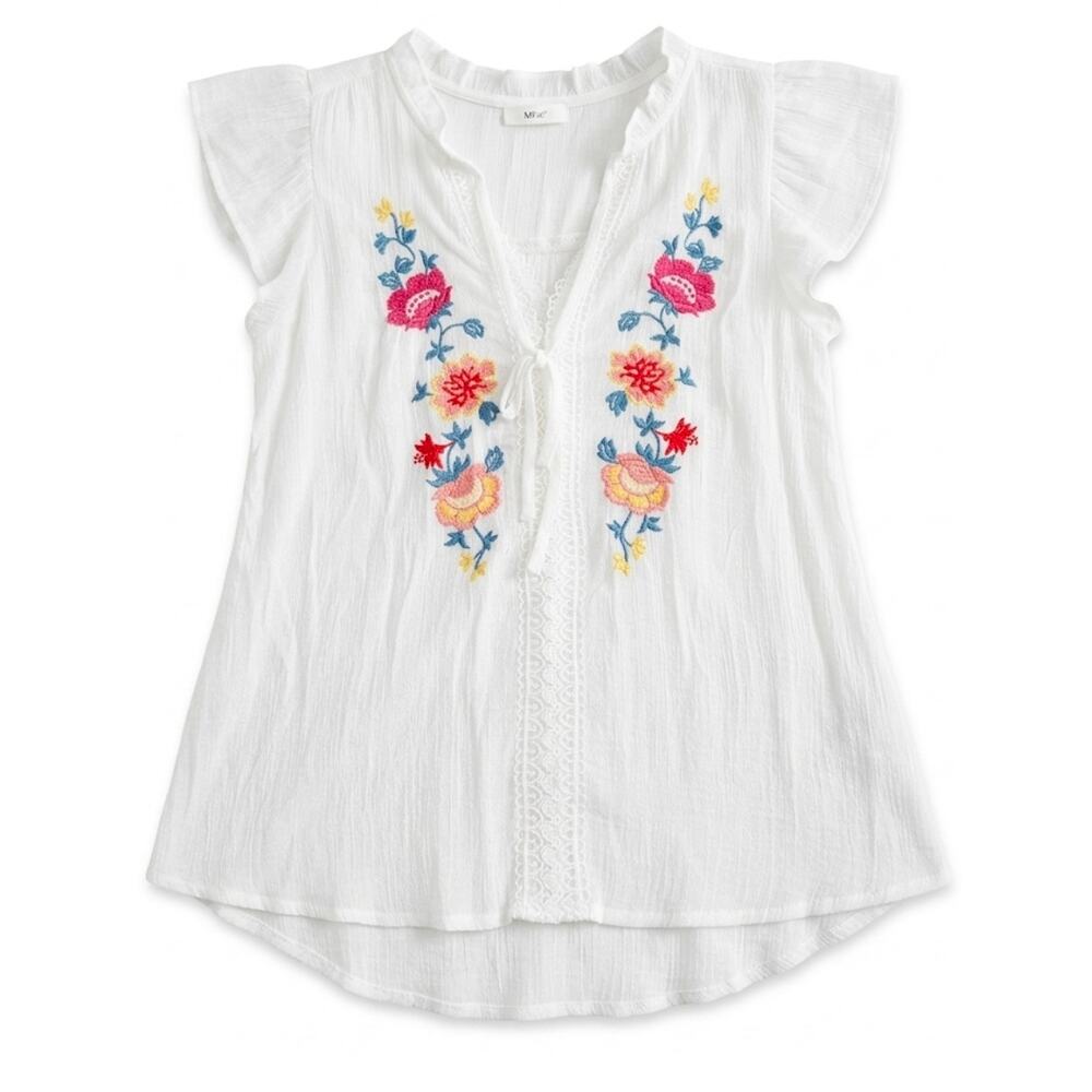 White Gauze Embroidered Short Sleeve Shirt Medium